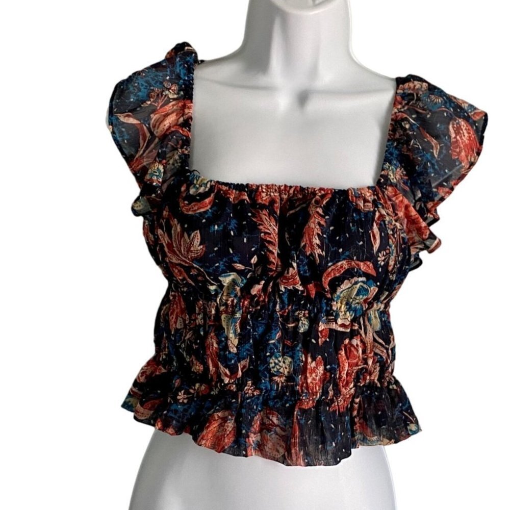 Express Ruffle Sleeve Floral Print Cropped Top XS